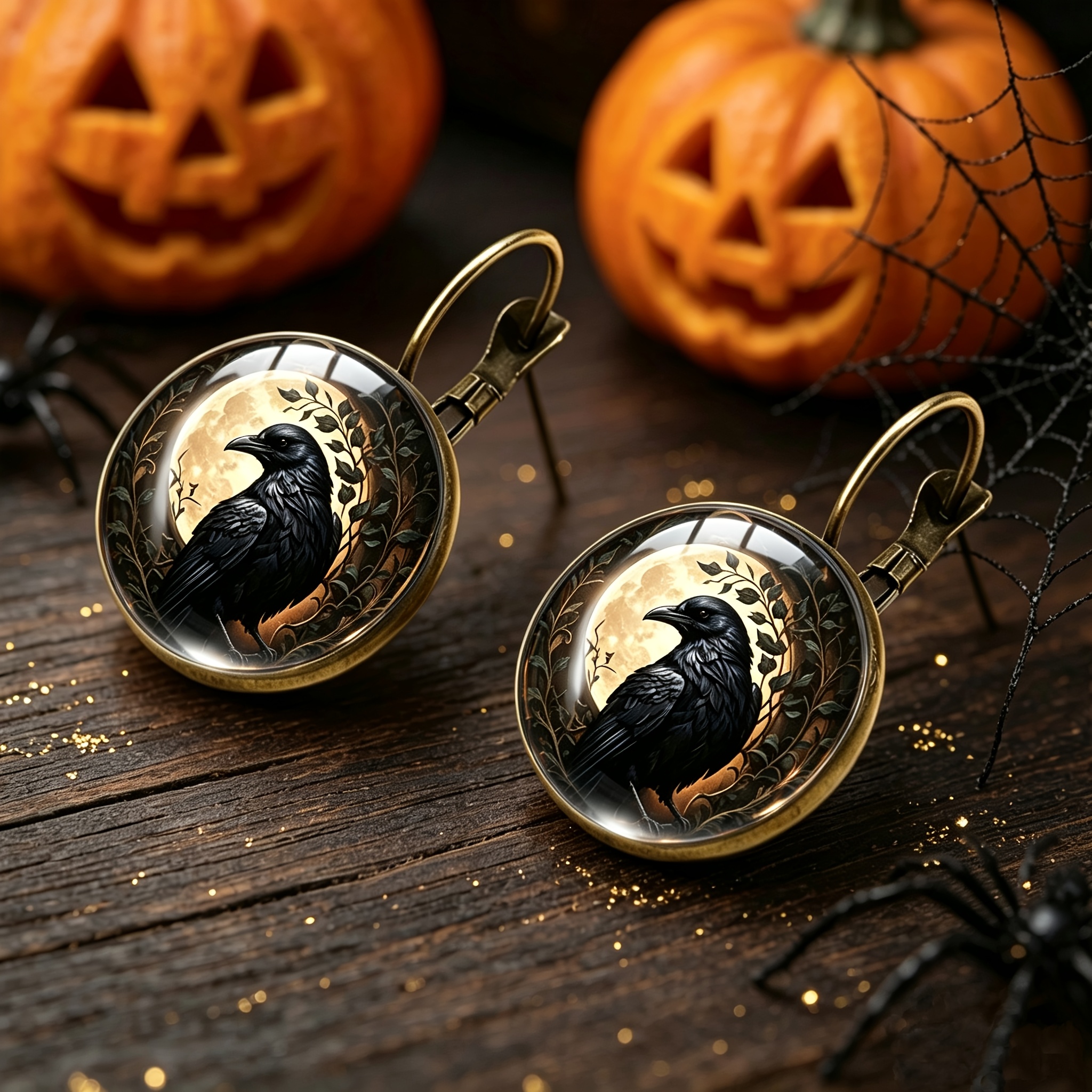 Halloween Full Moon Crow Gothic Drop Earrings, Dark Style